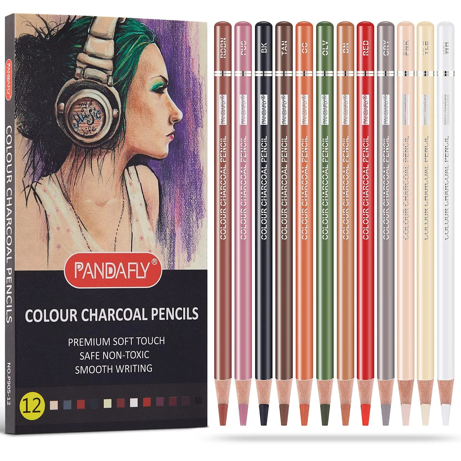 PANDAFLY Professional Colored Charcoal Pencils Drawing Set, 24 Colors | Non-Toxic, Skin Tone Shades — 12 Colors