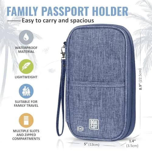 BOACAY RFID Blocking Travel Document Organizer with Wristlet, Family Passport Holder & Wallet 13cm x 22.5cm (Violet Blue) | Waterproof Case for Cards, Boarding Pass, Money thumbnail 3