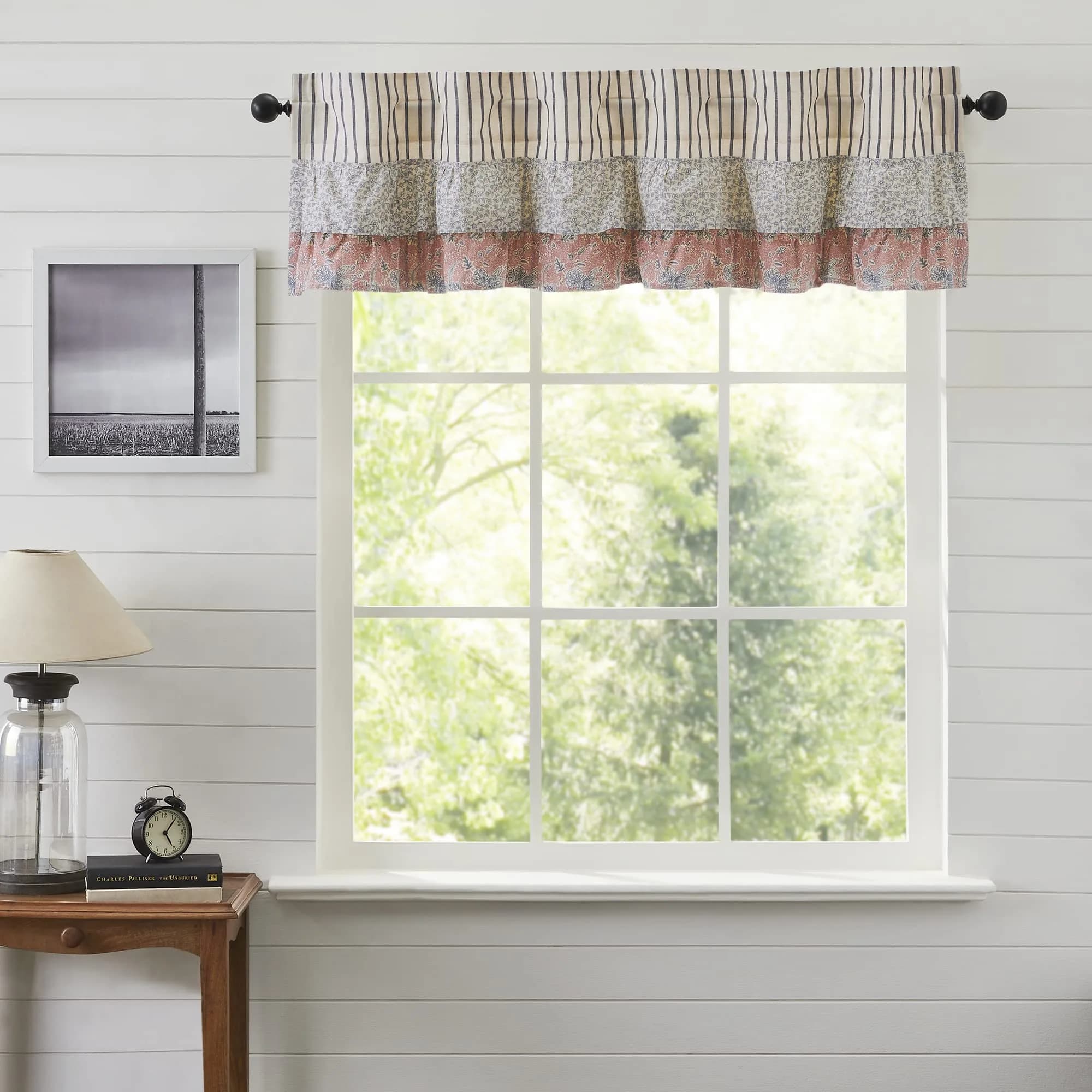 VHC Brands Kaila Country Cottage Ruffled Gold Ticking Stripe Curtain Swag Set 36x36x16 | Farmhouse Charm with Light Filtering Style — Blue / 60"W x 16"L