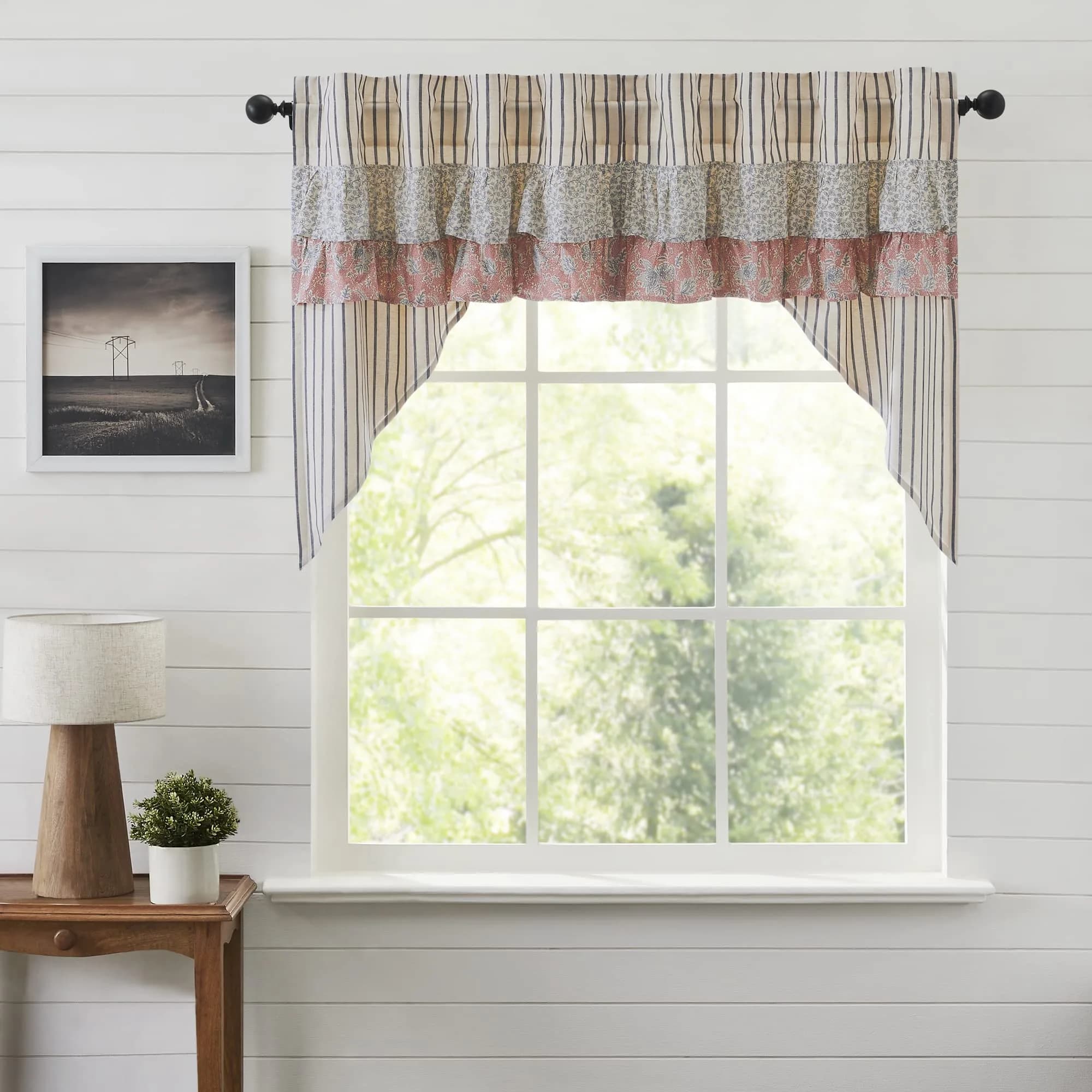 VHC Brands Kaila Country Cottage Ruffled Gold Ticking Stripe Curtain Swag Set 36x36x16 | Farmhouse Charm with Light Filtering Style — Blue / 36"W x 36"L