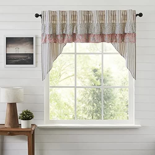 VHC Brands Kaila Country Cottage Ruffled Blue Ticking Stripe Kitchen Curtain Swag Set 36x36x16 | Farmhouse Charm with Light Filtering Privacy thumbnail 1
