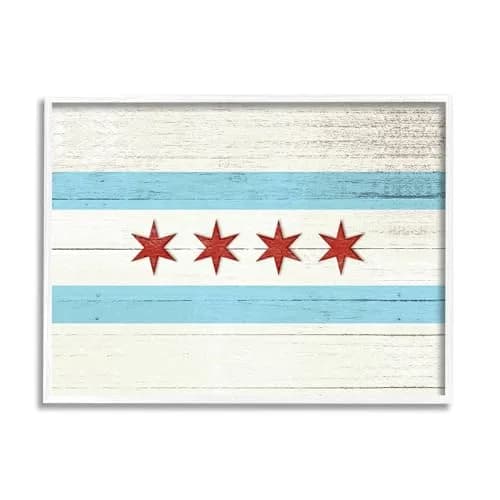 Stupell Industries Chicago Flag Distressed Cityscape 11 x 14 Inch Framed Giclée Print | Coastal White Textured thumbnail 1