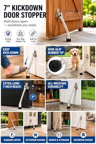 HOME&I 7-Inch Kick Down Door Stopper with Leaf Spring & Non-Slip Rubber Foot, Satin Nickel | Extended Reach Door Holder for Wood, Tile, Carpet & Concrete Floors thumbnail 3