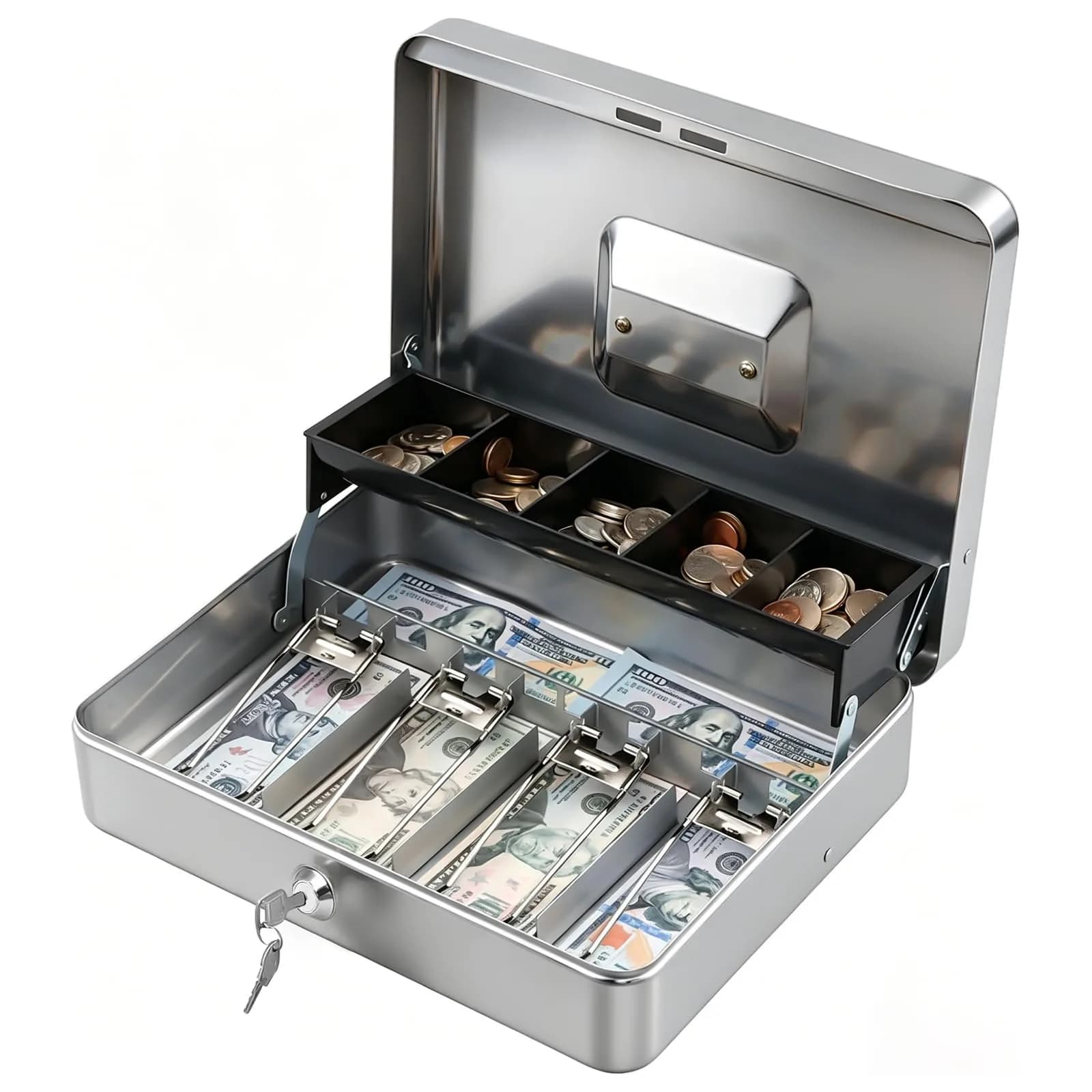 KYODOLED Locking Cash Box with Key Lock, Money Tray, 29.99cm x 24cm x 9cm | Sturdy Steel Construction for Secure Storage