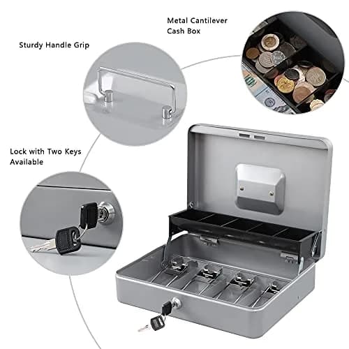 KYODOLED Locking Cash Box with Key Lock, Money Tray, 29.99cm x 24cm x 9cm | Sturdy Steel Construction for Secure Storage thumbnail 2
