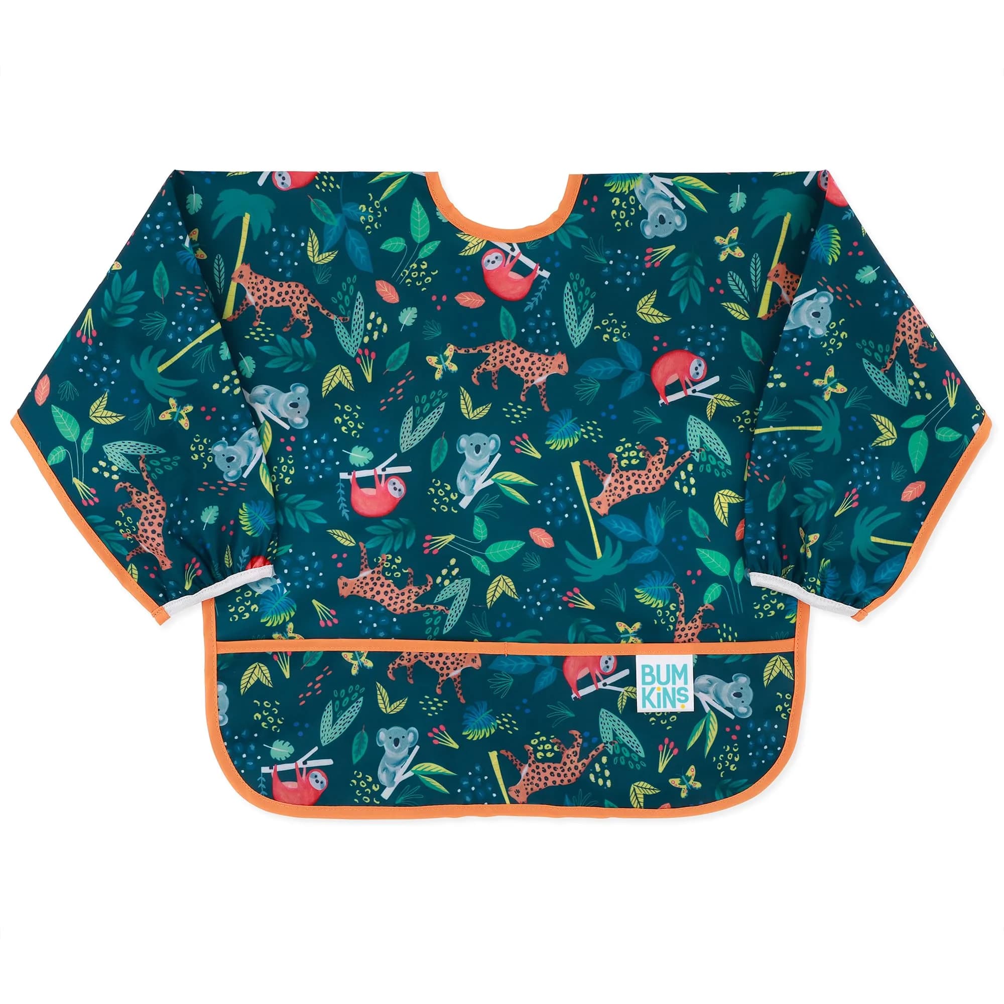 Bumkins Sleeved Bib for Babies 6-24 Months | Waterproof Fabric with Crumb Catcher Pocket, Jungle Print - main product image
