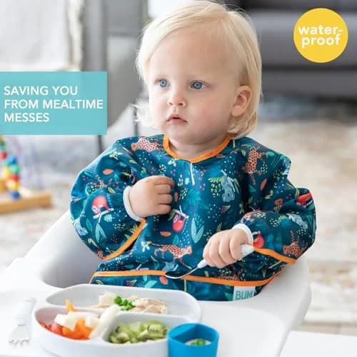 Bumkins Sleeved Bib for Babies 6-24 Months | Waterproof Fabric with Crumb Catcher Pocket, Jungle Print thumbnail 2