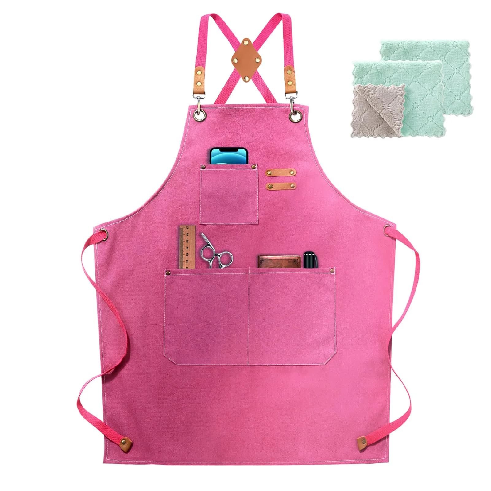 ZOMAO Apron for Women | Cotton Canvas Cross Back Apron with Pockets, Pink, Adjustable Strap (One Size)