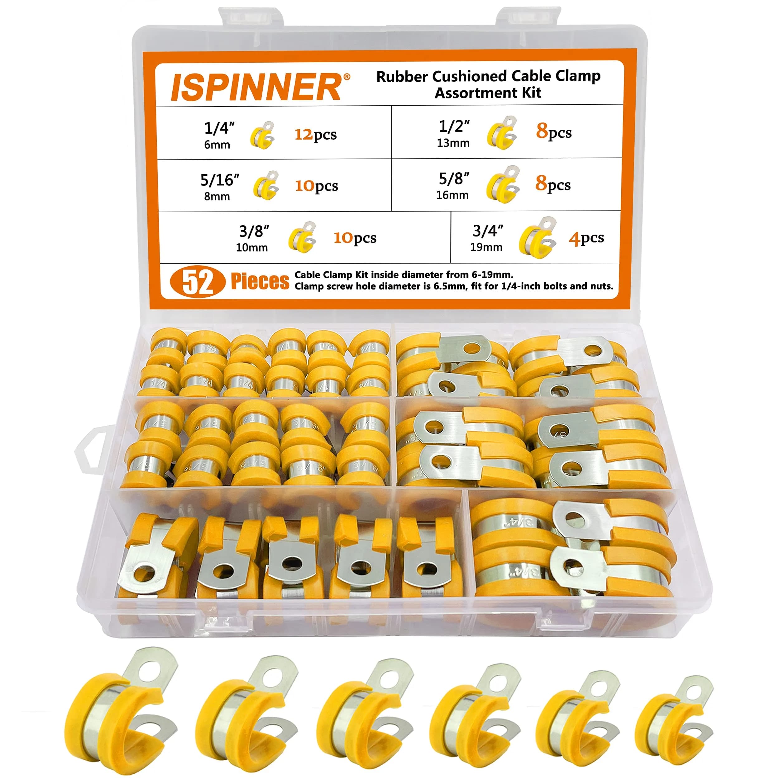 ISPINNER 52pcs Cable Clamps Assortment Kit, 304 Stainless Steel Rubber Cushion Pipe Clamps in 6 Sizes 1/4" 5/16" 3/8" 1/2" 5/8" 3/4" (Yellow) | Heavy-Duty Pipe & Cable Holders - main product image