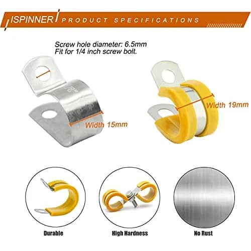 ISPINNER 52pcs Cable Clamps Assortment Kit, 304 Stainless Steel Rubber Cushion Pipe Clamps in 6 Sizes 1/4" 5/16" 3/8" 1/2" 5/8" 3/4" (Yellow) | Heavy-Duty Pipe & Cable Holders thumbnail 4