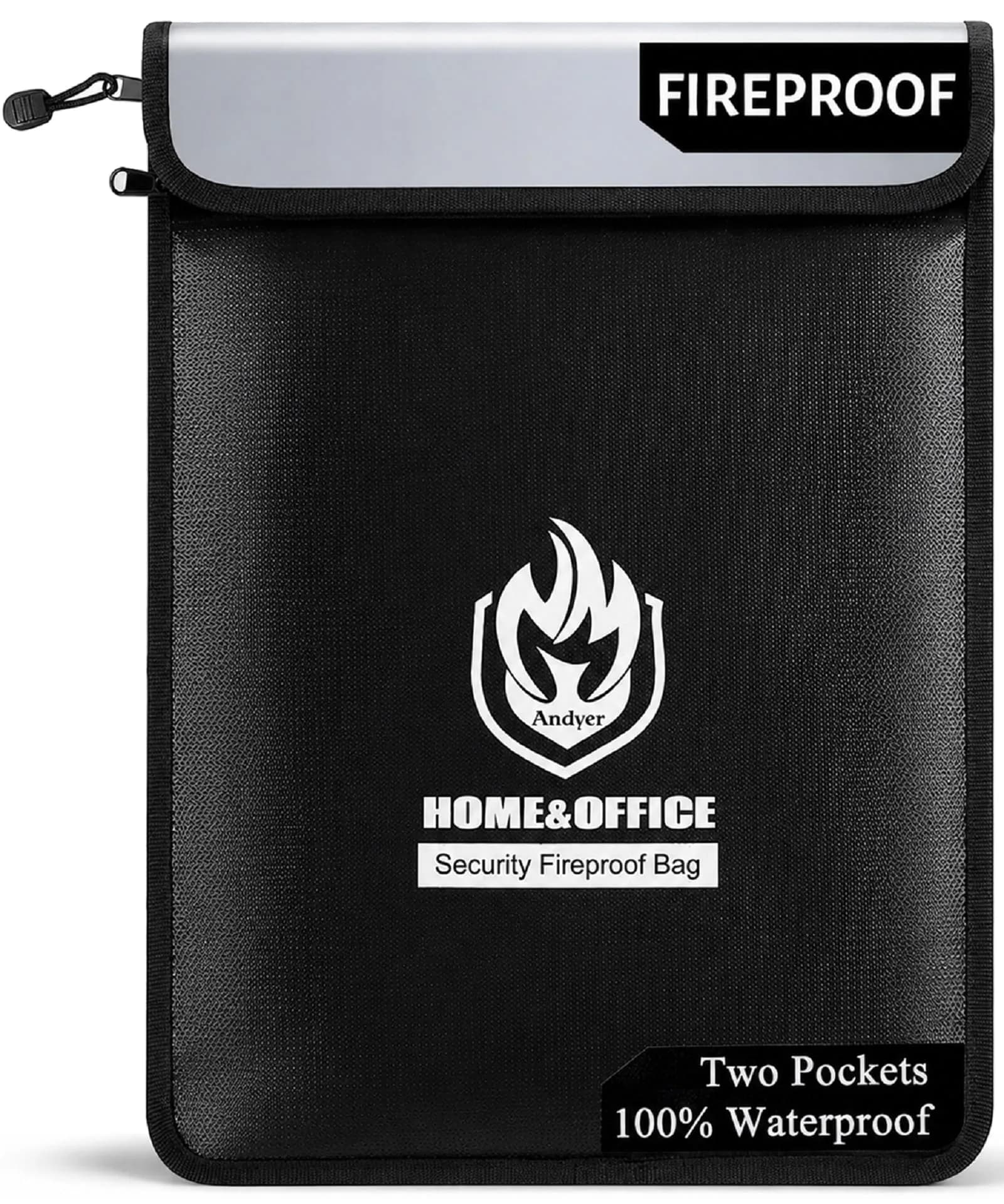 andyer 2 Pockets Fireproof Document Bag 38cm x 28cm (15"x11") | UL Certified Fire & Water Resistant