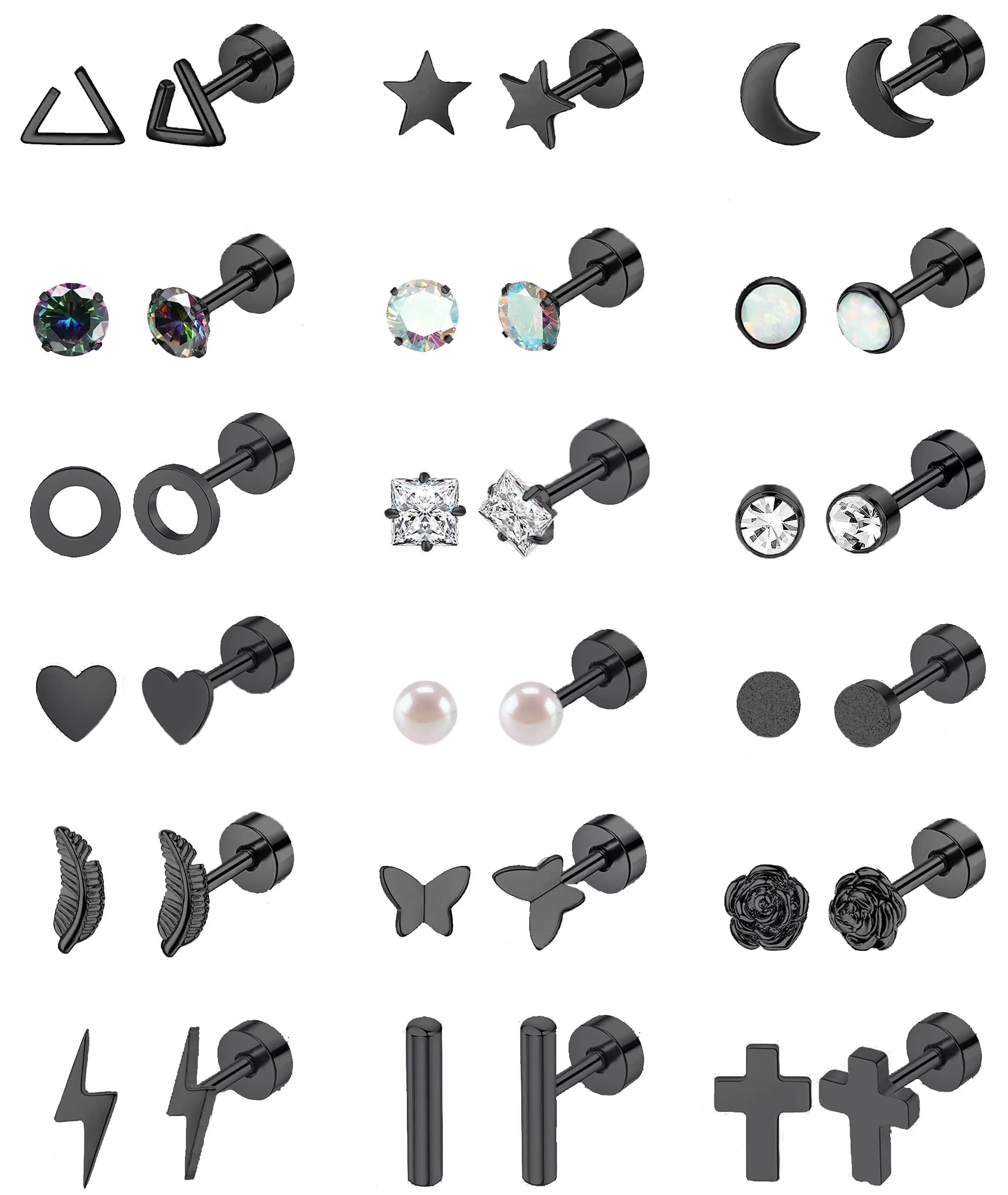 Staligue Hypoallergenic Flat Back Earrings Set – Surgical Steel, 18 Pairs, 20G, Silver/Gold/Rose Gold — Black