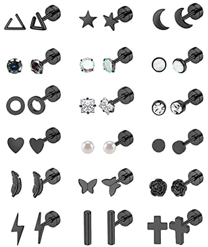 Staligue Hypoallergenic Flat Back Earrings Set – Surgical Steel, 18 Pairs, 20G, Nickel-Free, Geometric & CZ Styles thumbnail 1