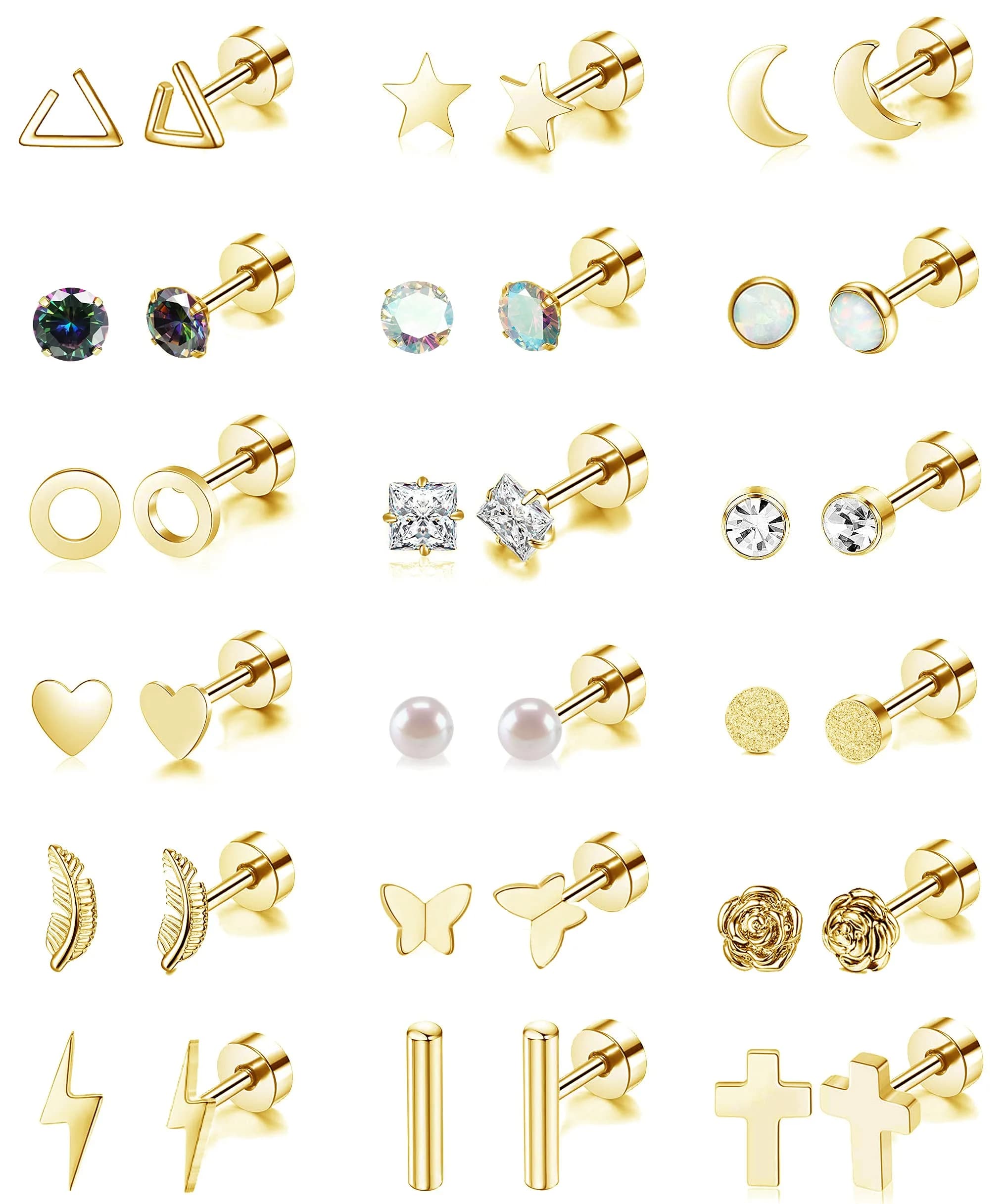 Staligue Hypoallergenic Flat Back Earrings Set – Surgical Steel, 18 Pairs, 20G, Silver/Gold/Rose Gold