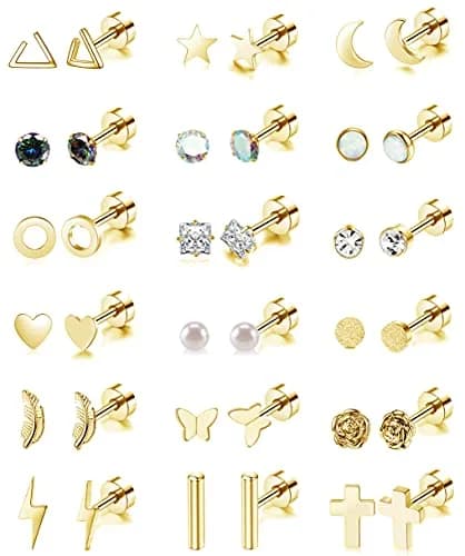 Staligue Hypoallergenic Flat Back Earrings Set – Surgical Steel, 18 Pairs, 20G, Silver/Gold/Rose Gold thumbnail 1