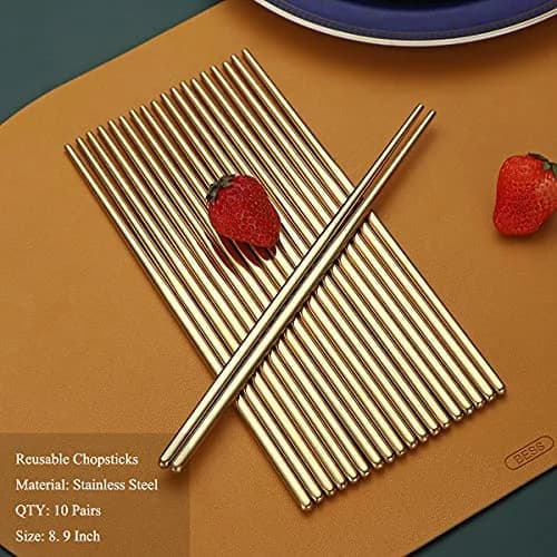 HOMQUEN Reusable Stainless Steel Chopsticks 8.9 Inch | Gold Plating, Dishwasher Safe, Japanese & Korean Style thumbnail 2