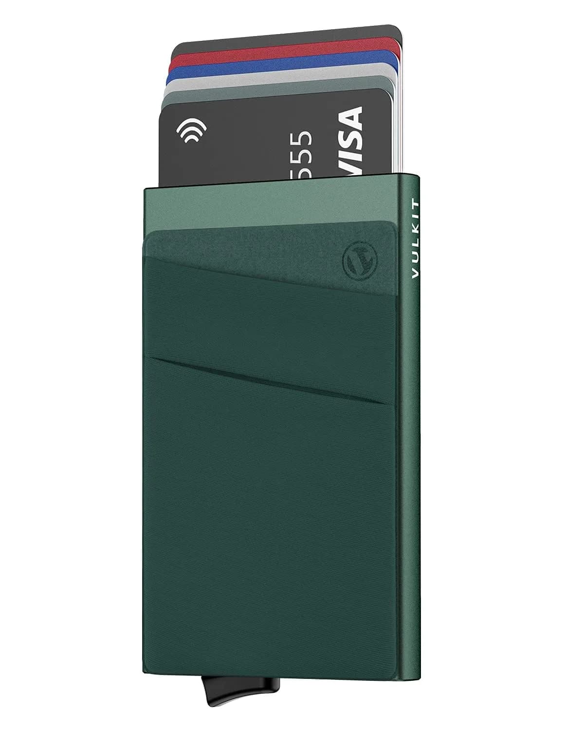 VULKIT Pop Up Card Holder Wallet with Money Pocket 5-9 Cards | RFID Blocking Slim Metal Bank Card Case — Midnight Green