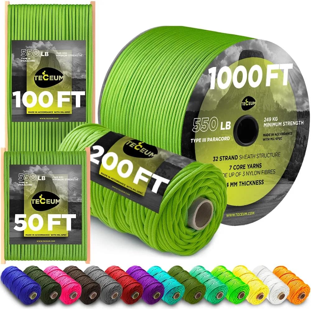 TECEUM Paracord Rope Type III 550 – Tactical MIL-SPEC – 30.5m (100 ft) Fluo Green | Strong Survival Utility Rope