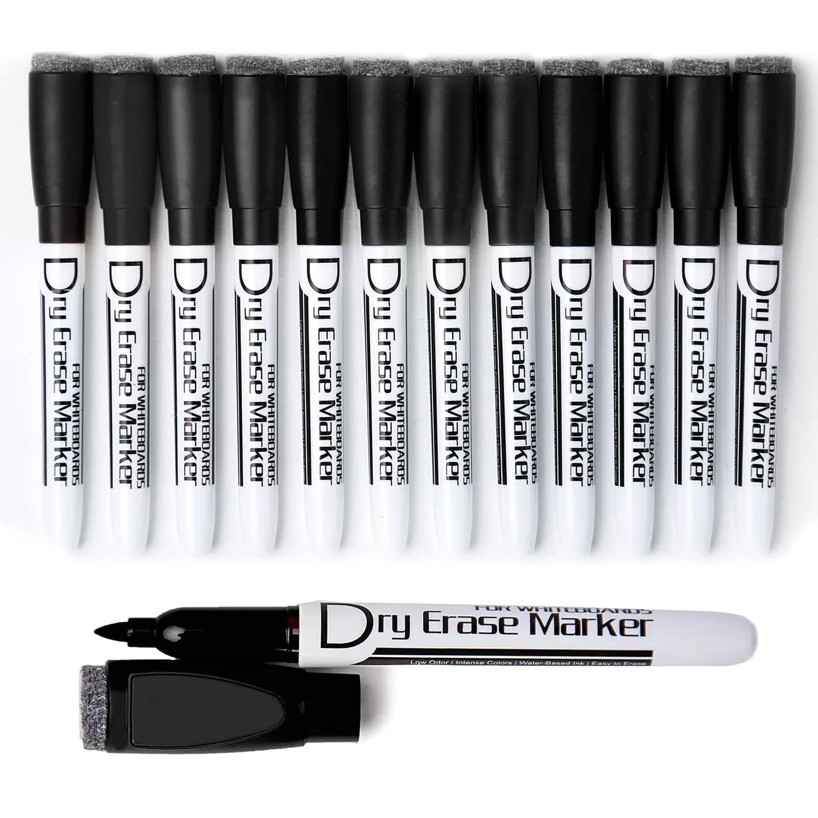 Volcanics Magnetic Dry Erase Markers, Fine Tip, 10 Colors, 12-Pack | Smooth Ink Flow for Students & Office — Black