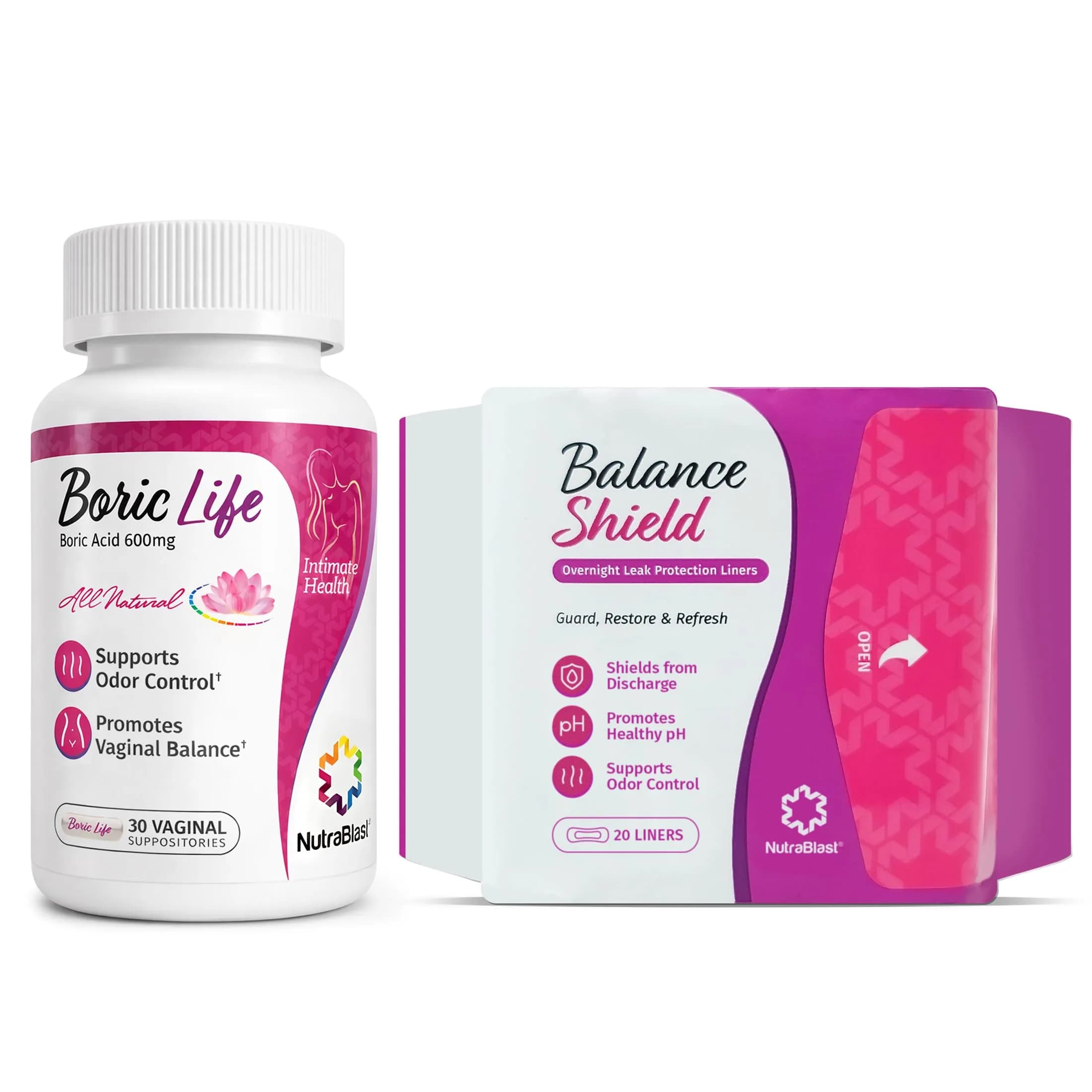 NutraBlast Boric Acid Suppositories 600mg (30 Count) Bundle with Applicators & pH Test Strips | Natural Intimate Health Support — Boric Life + Balance Shield Bundle