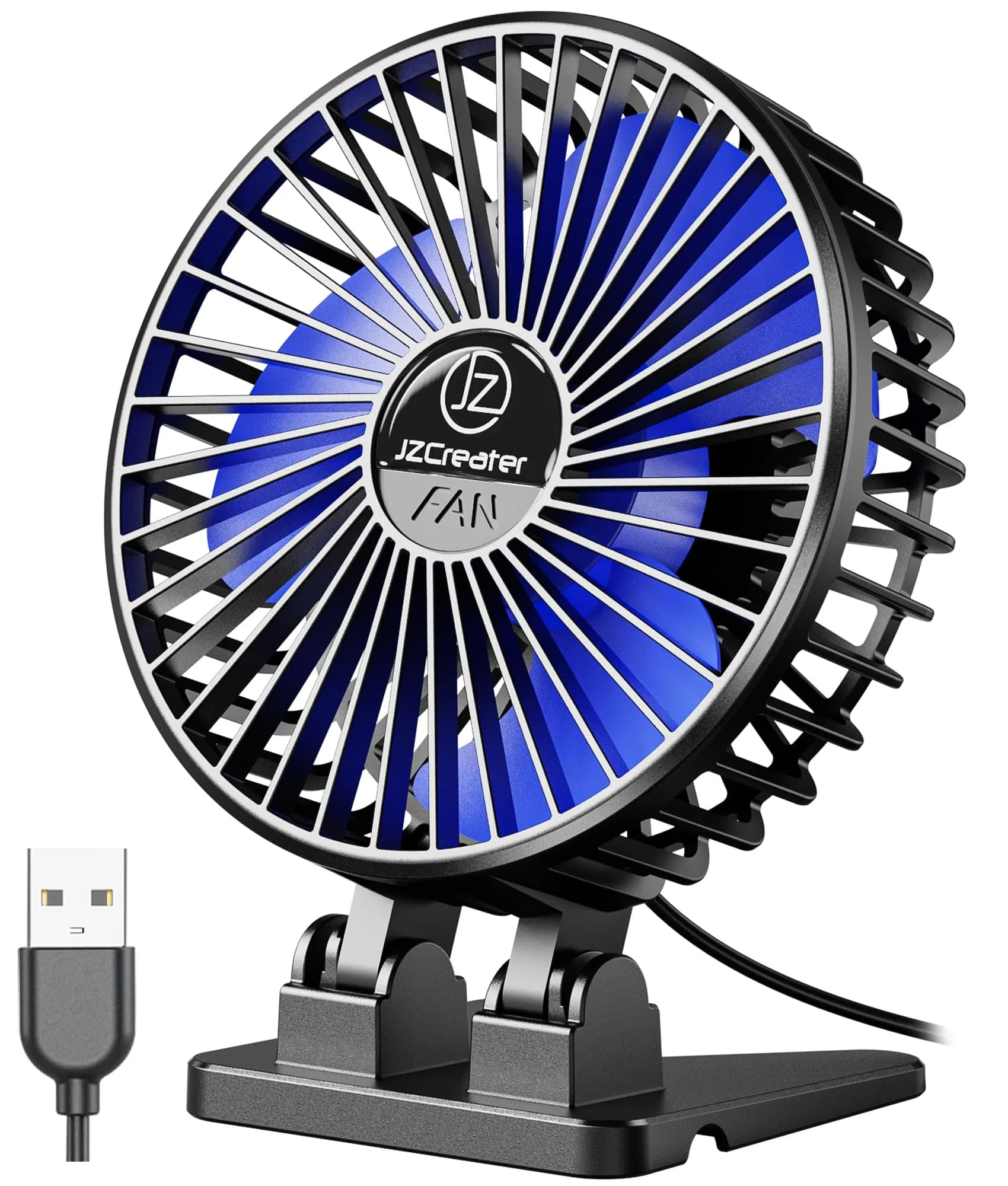 JZCreater USB Desk Fan, Mini Portable Fans, 3 Speeds, Black Blue | Strong Wind & Quiet Personal Cooling - main product image