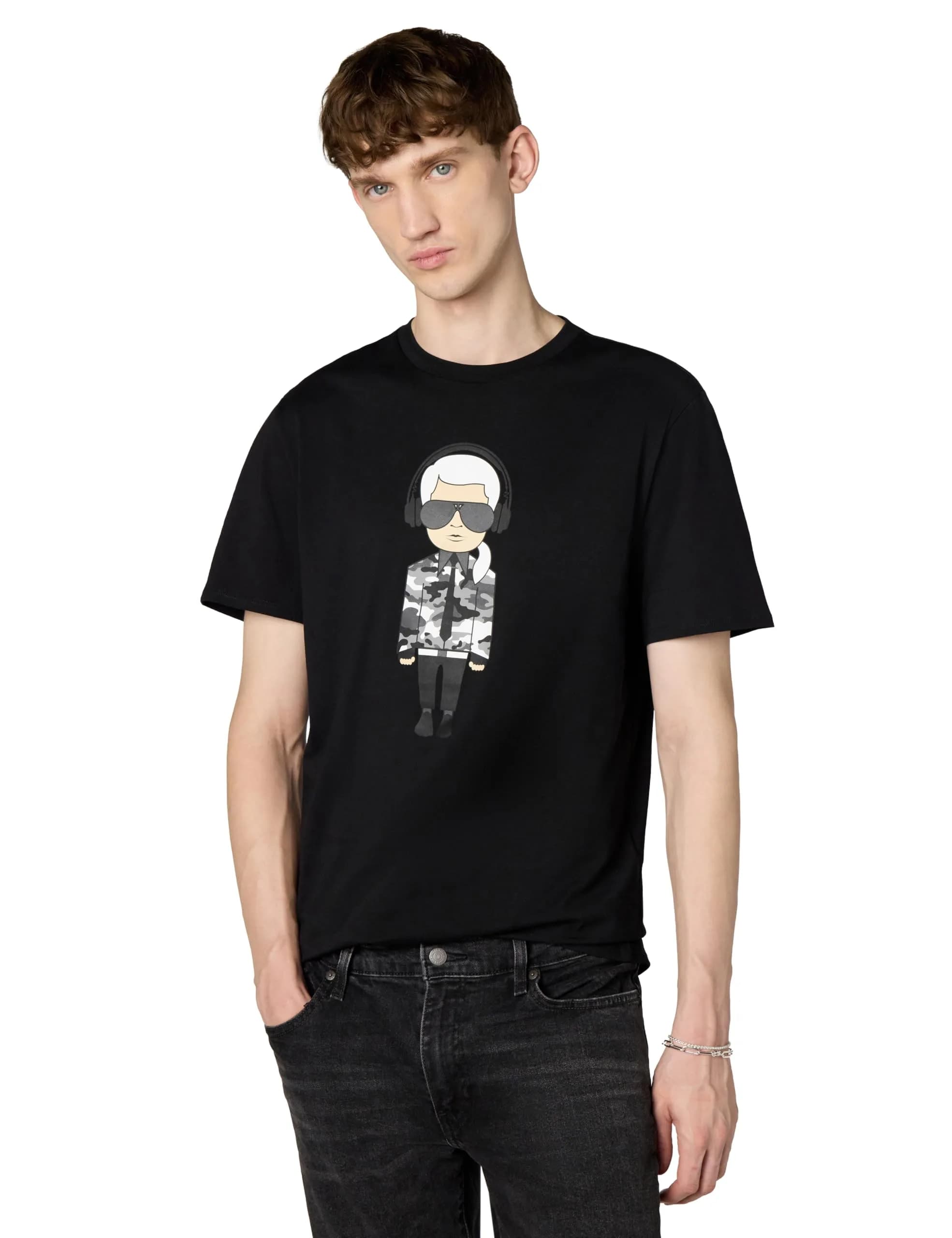 KARL LAGERFELD Men's Karl Character Headphones Shirt, Black, XL | Reflective Graphic Cotton Tee - main product image
