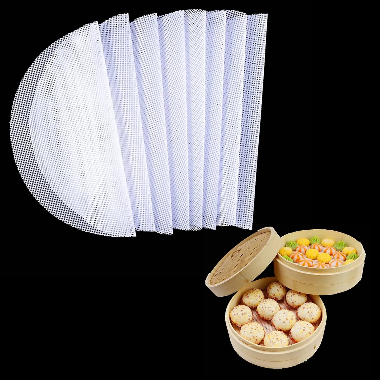BuRuiJi Silicone Steamer Liners 8Pcs 34cm (13.4 inch) | Non-Stick & Reusable for Dim Sum — 11 x 11 inch