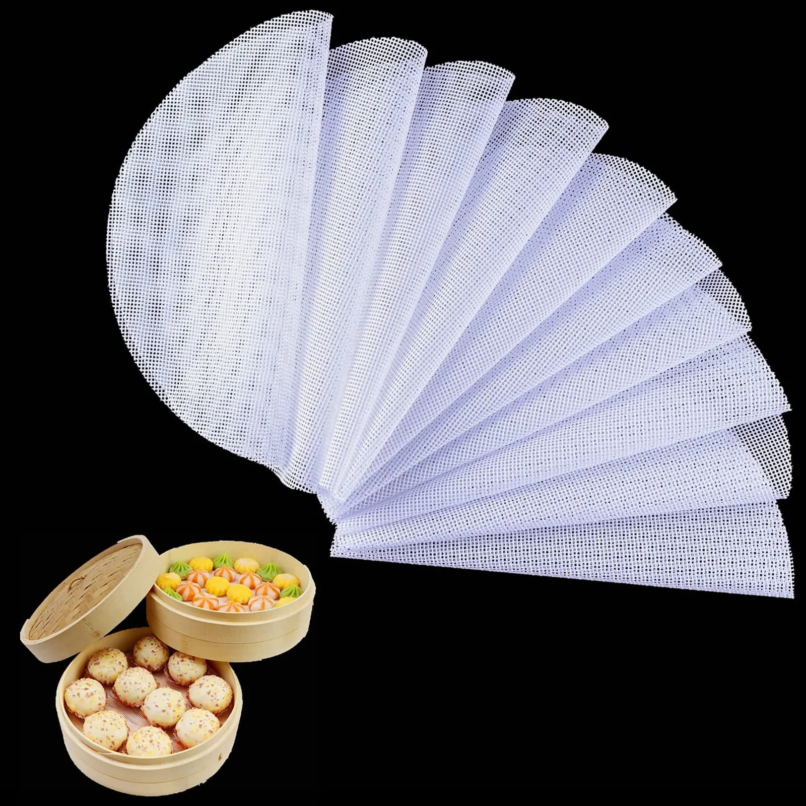BuRuiJi 10-Piece Silicone Steamer Liners, 33cm (13 x 13 inch) | Non-Stick Mesh for Dim Sum & Baking