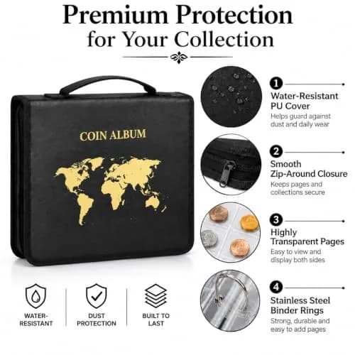 ANKHOH Zippered Coin Collection Book, 200 Pockets & 30 Bill Sleeves | Organize Coins & Currency in Style thumbnail 6