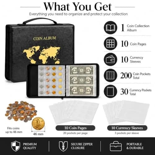 ANKHOH Zippered Coin Collection Book, 200 Pockets & 30 Bill Sleeves | Organize Coins & Currency in Style thumbnail 7