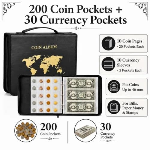 ANKHOH Zippered Coin Collection Book, 200 Pockets & 30 Bill Sleeves | Organize Coins & Currency in Style thumbnail 3