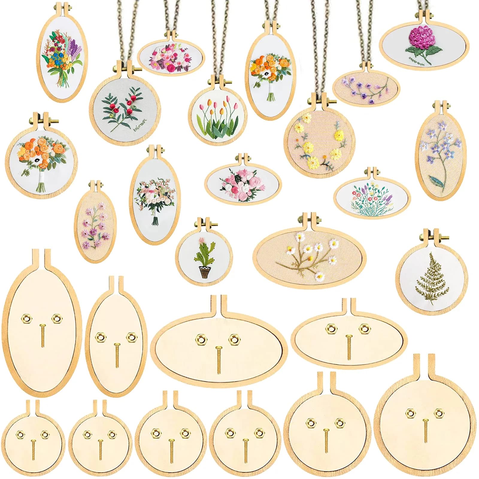 ZOCONE Mini Embroidery Hoops 10 Pack Round & Oval Wood Hoops (10 Sets) | DIY Craft Display Frames
