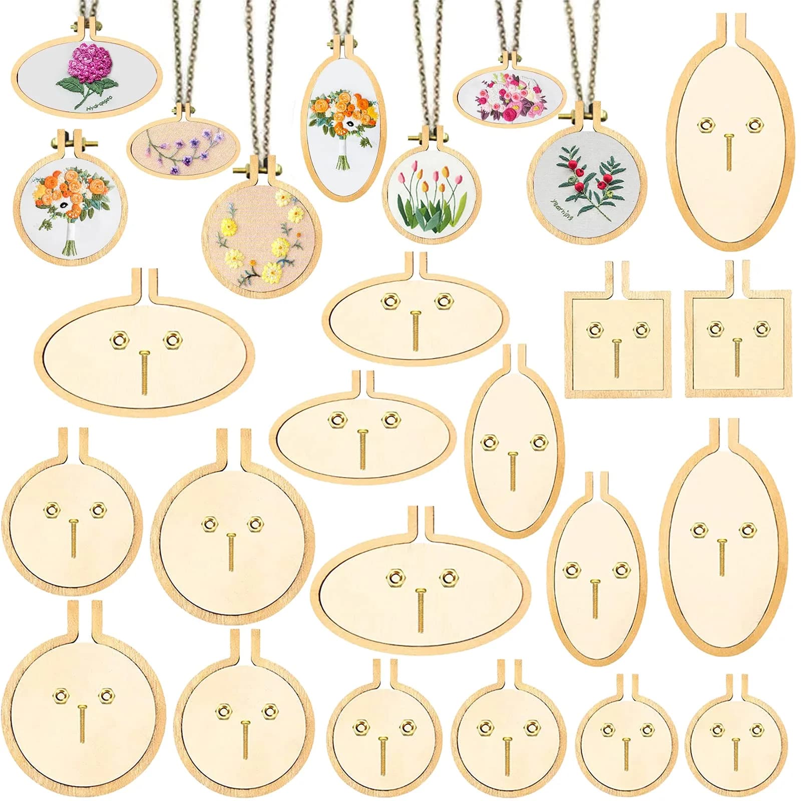 ZOCONE 18 Pack Mini Embroidery Hoops — 20mm to 60mm Round, Oval & Square Wood Hoops | DIY Jewelry & Craft Frames