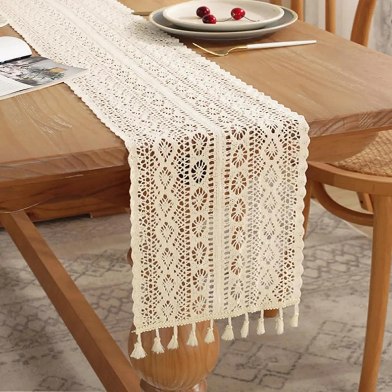 Gemseek 90 Inch Boho Crochet Table Runner, Beige Cotton Lace | Vintage Boho Charm - main product image