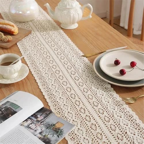 Gemseek 90 Inch Boho Crochet Table Runner, Beige Cotton Lace | Vintage Boho Charm thumbnail 4