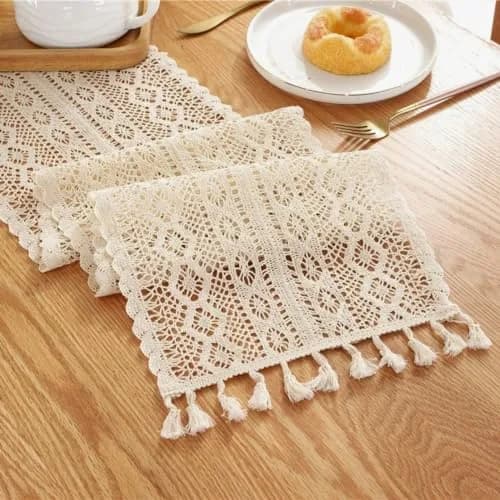 Gemseek 90 Inch Boho Crochet Table Runner, Beige Cotton Lace | Vintage Boho Charm thumbnail 5