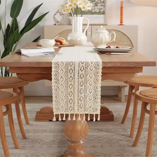 Gemseek 90 Inch Boho Crochet Table Runner, Beige Cotton Lace | Vintage Boho Charm thumbnail 3