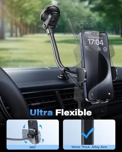 1Zero Car Truck Phone Mount Holder with 8-Inch Gooseneck, Anti-Shake, Universal Fit, Black | Supports All Cell Phones thumbnail 4