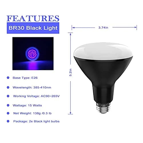 U4GLORY BR30 UV Black Light Bulb 2-Pack | 15W E26 Base UVA 385-410nm thumbnail 2