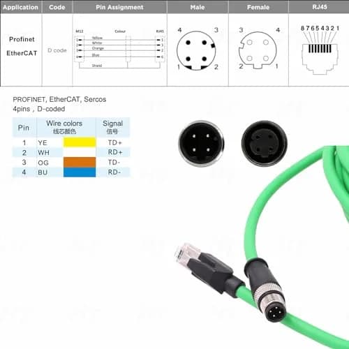 HangTon M12 4 Pin D-Coded Male to RJ45 Ethernet Cat5e Network Cable 1m (3.28 ft) | Industrial Grade High Flex Shielded Green thumbnail 3