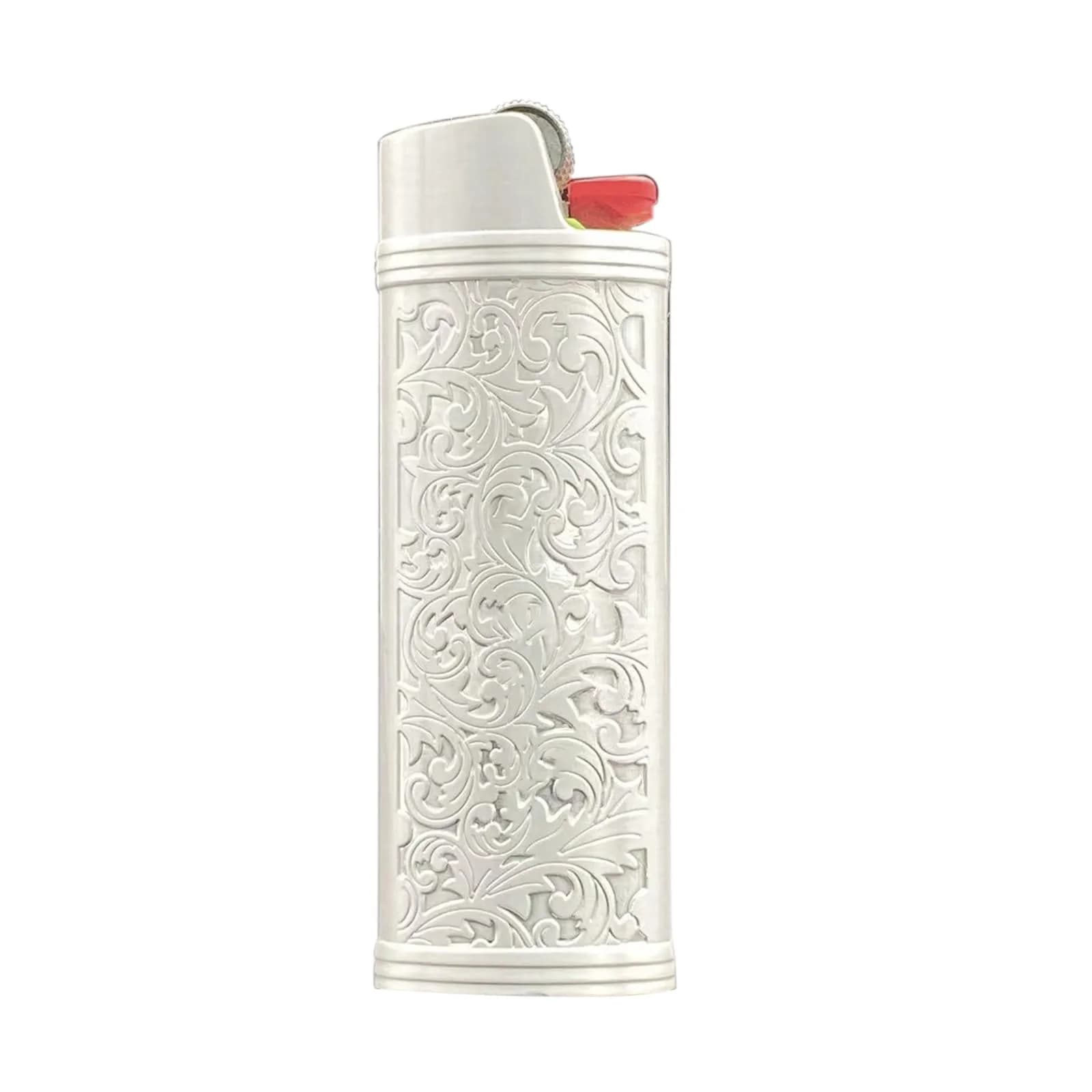Lucklybestseller Metal Lighter Case Cover Holder Vintage Floral Stamped for BIC Full Size Lighter J6 (White Gold) | Protective Case - main product image