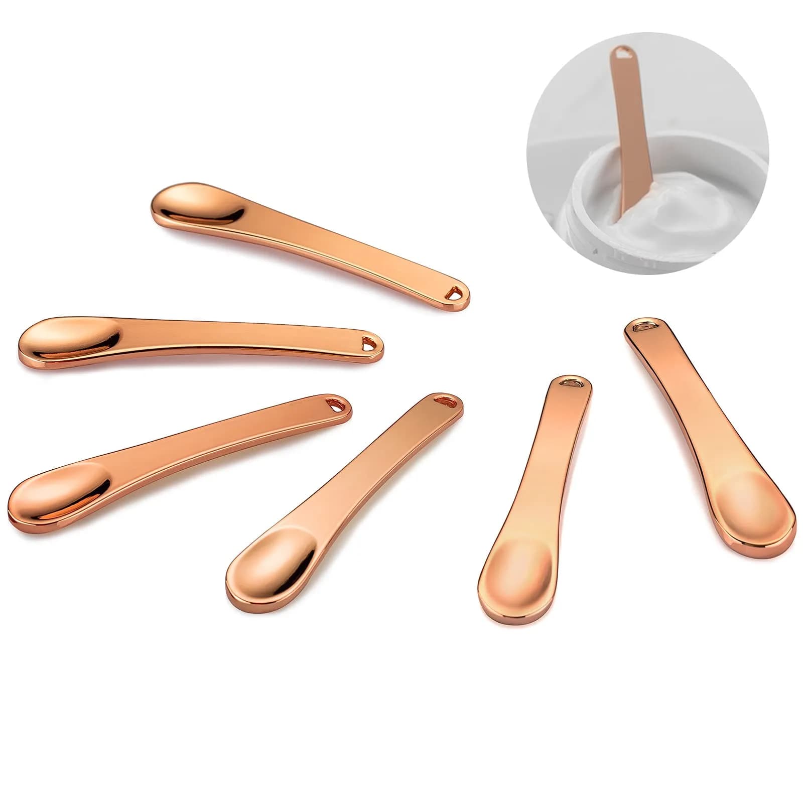 Tekson Metal Cosmetic Spatula Set 6 Pieces (2.36" x 0.47") | Reusable Makeup Beauty Spoons for Cream, Lotions, Moisturizers — Rose Gold