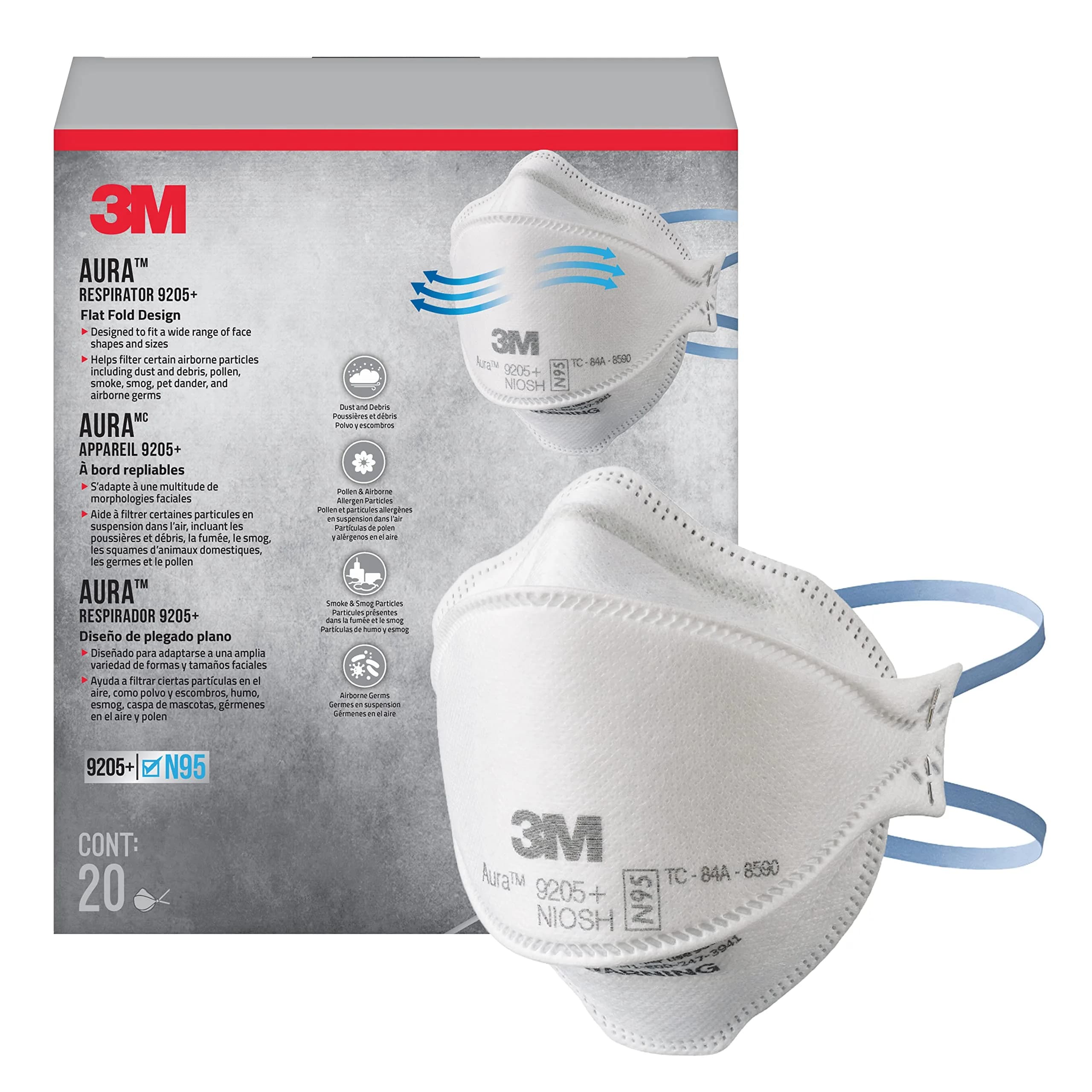 3M Aura N95 Particulate Respirator 20 Count (Pack of 1) | NIOSH Approved for 95% Filtration Efficiency - main product image