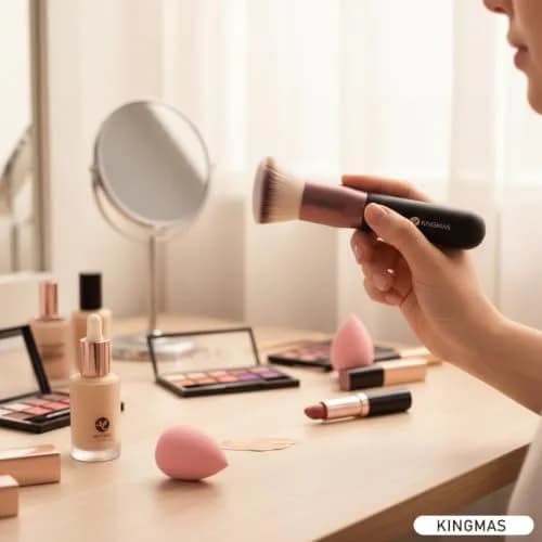 KINGMAS Angled Top Foundation Brush for Liquid, Cream, Powder, Blush Buffing Stippling Face Makeup Tools Black | Premium Synthetic Bristle Brush thumbnail 3