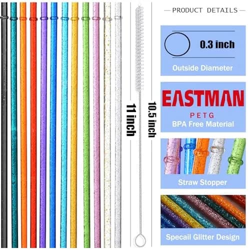 ALINK 12-Pack Glitter Plastic Tumbler Straws 28cm (11") | Reusable Hard Plastic Straws with Cleaning Brush thumbnail 2