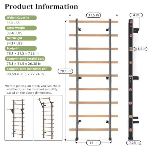 DHT Swedish Ladder Wall Bars 78in | Stable Wooden Gymnastics Equipment for Home & Gym thumbnail 6