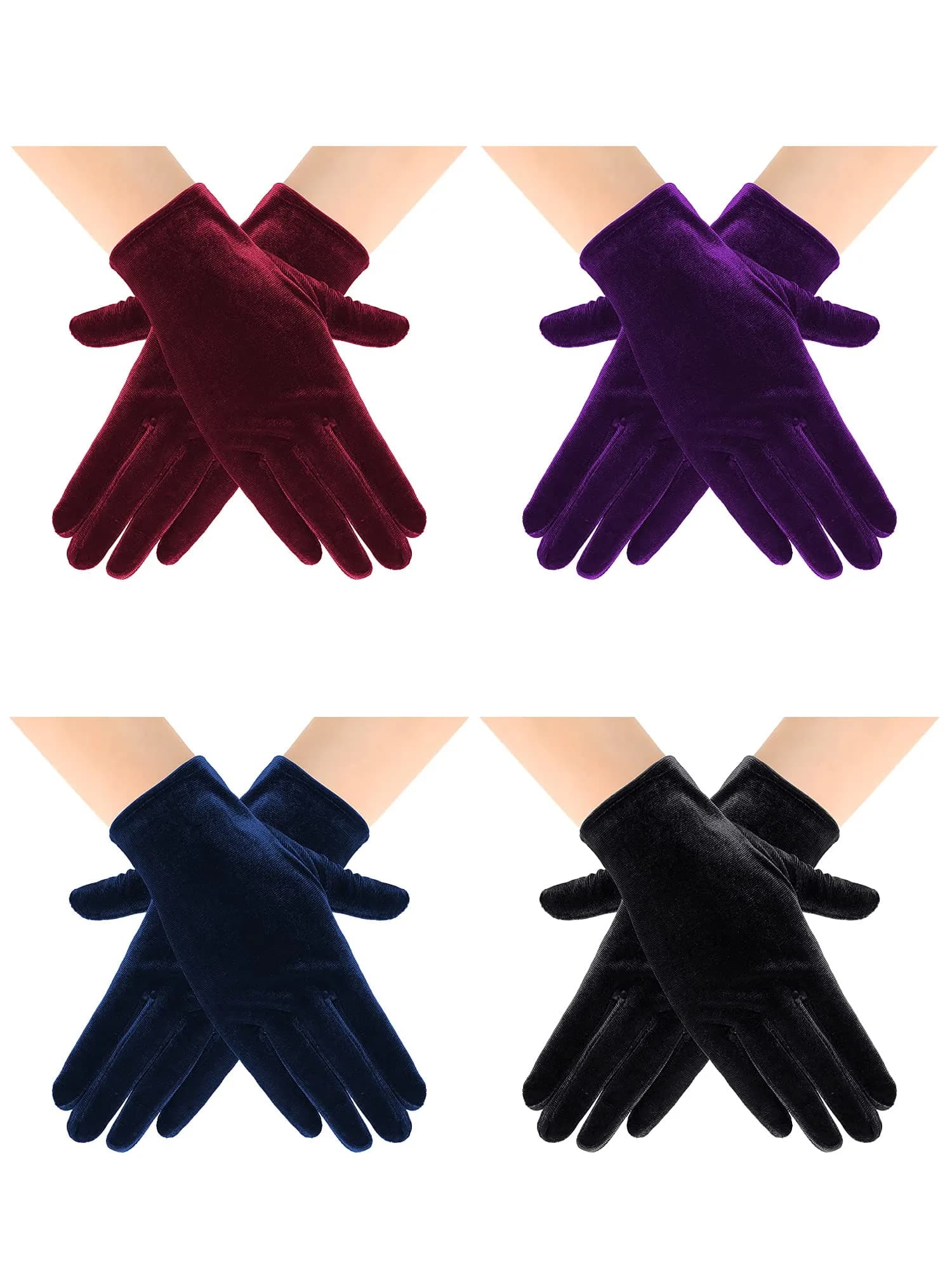 Geyoga Black Velvet Short Opera Gloves 22cm (8.7in) | 4 Pairs for Elegant Occasions — Black, Purple, Blue, Wine Red