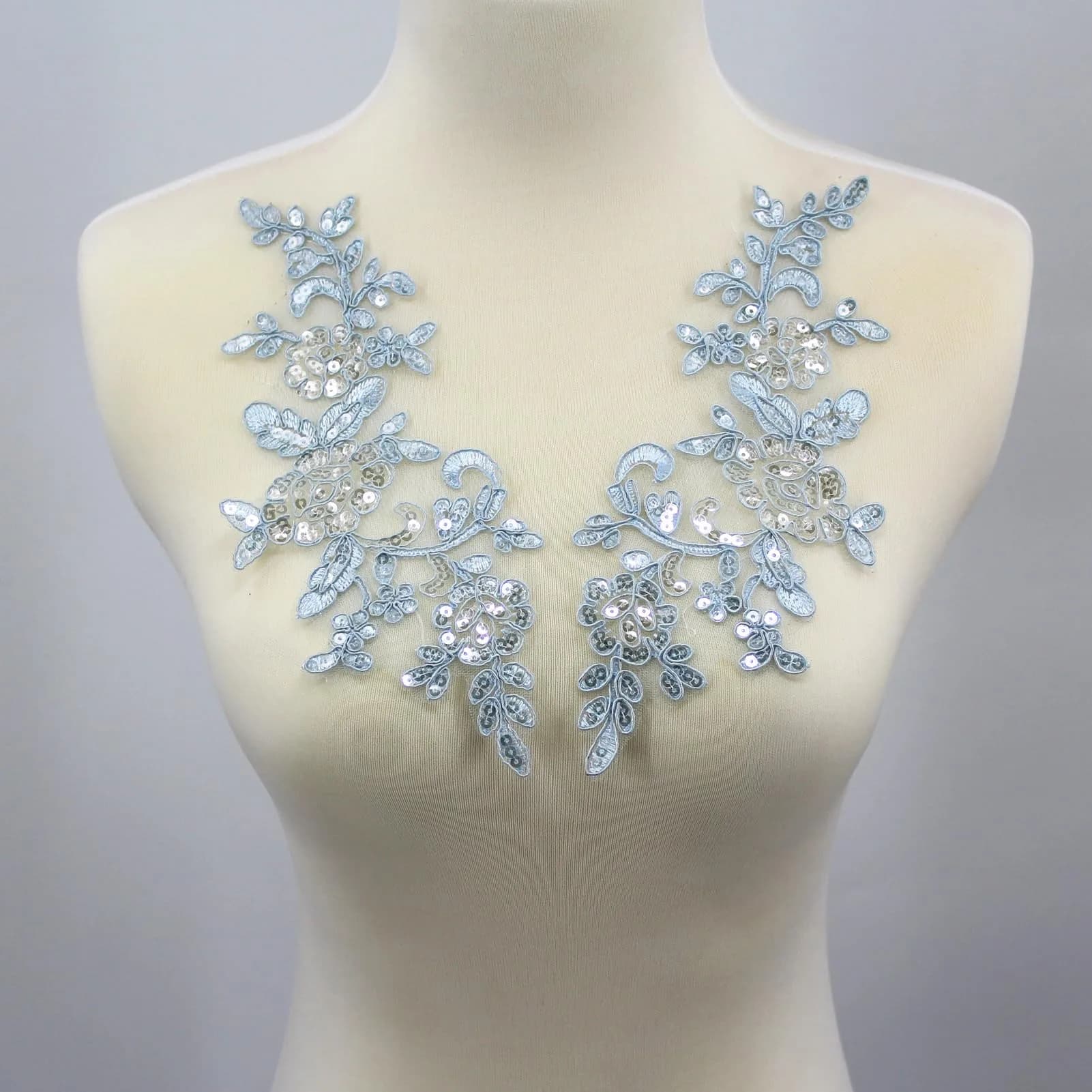 SUNMOVE Sky Blue Sequin Lace Applique Pair 25cm x 10cm | Bridal DIY Craft Motif - main product image