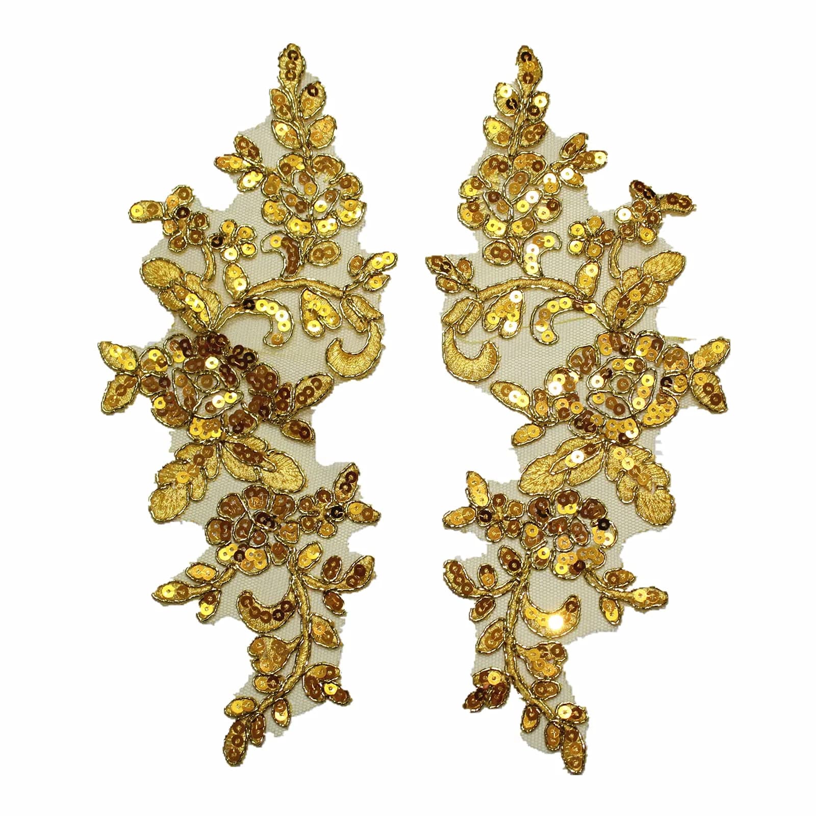 SUNMOVE Sky Blue Sequin Lace Applique Pair 25cm x 10cm | Bridal DIY Craft Motif — Gold