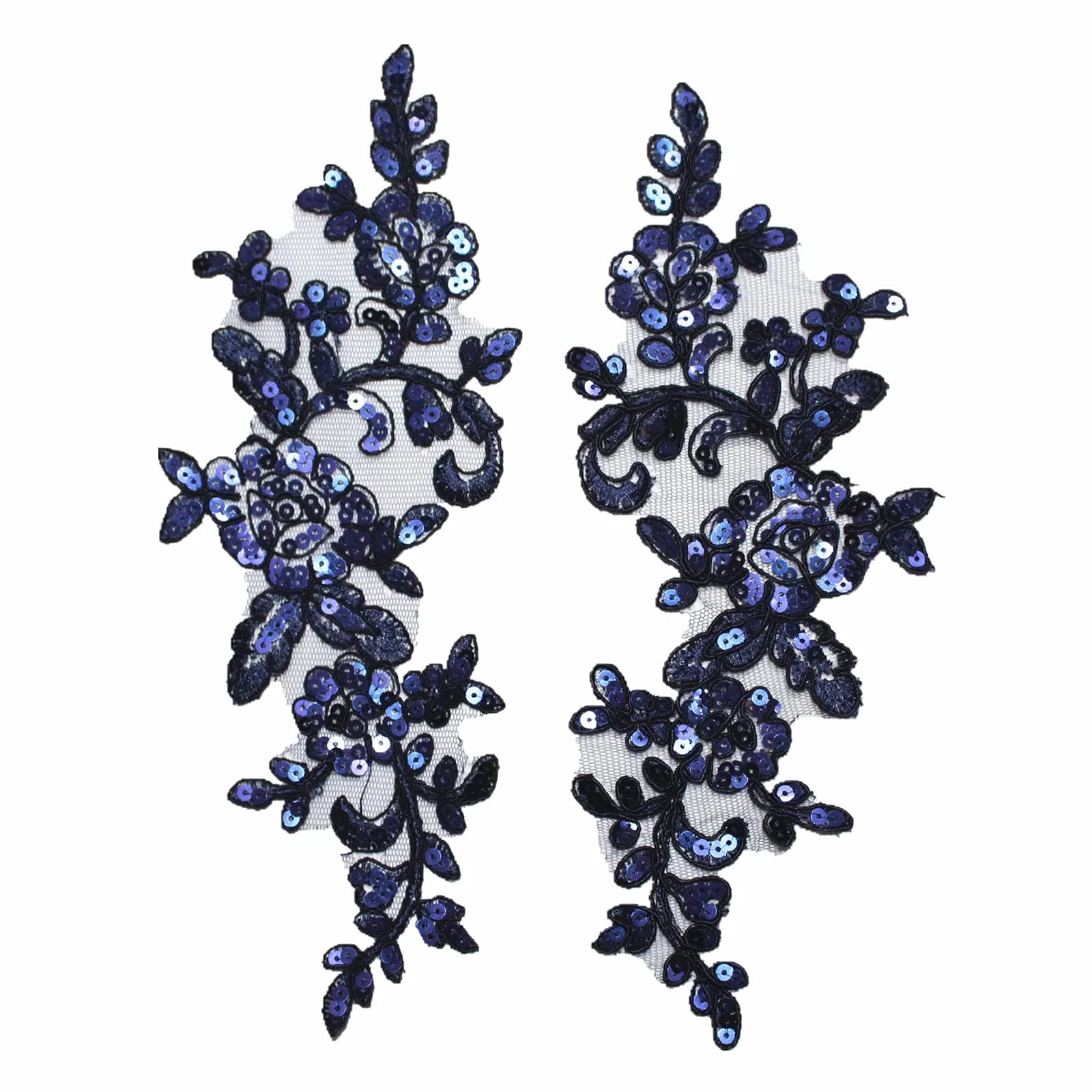 SUNMOVE Sky Blue Sequin Lace Applique Pair 25cm x 10cm | Bridal DIY Craft Motif — Navy